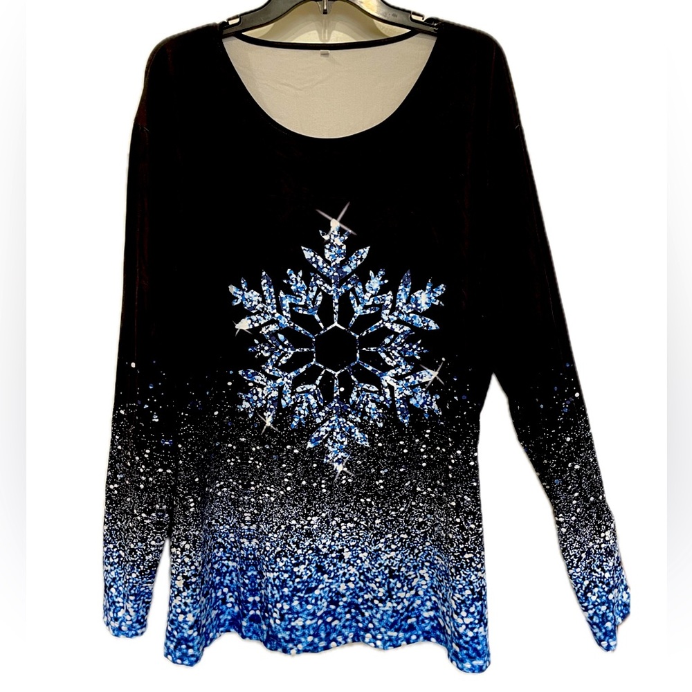 Women’s Plus Size Black Blue Silver Snowflake Long Sleeve Sparkle shirt